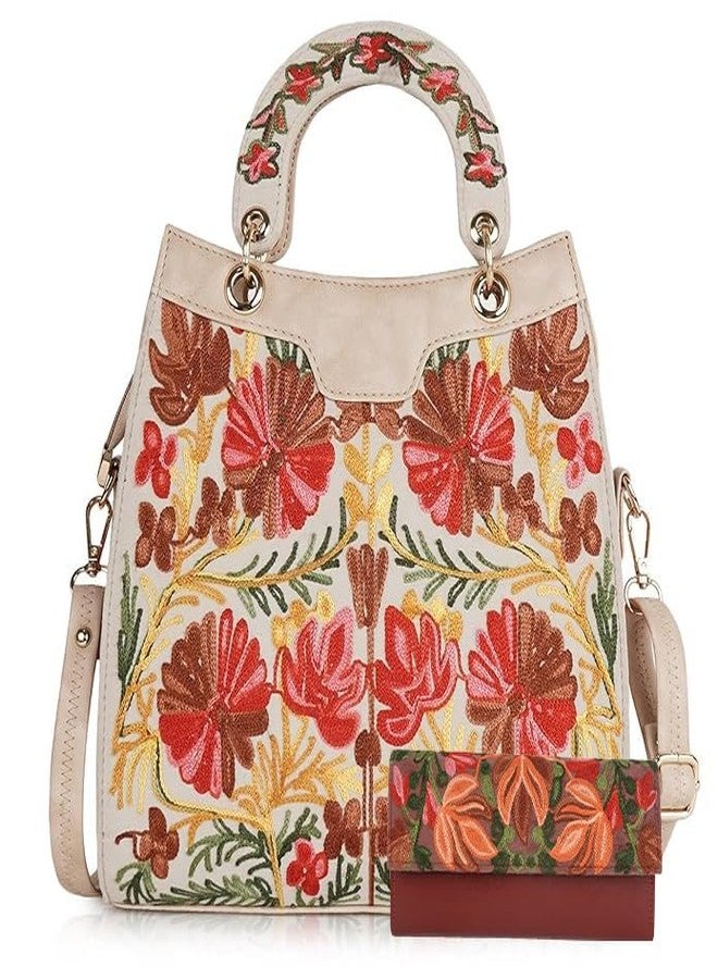EVEDA Floral Embroidered Handbag with Wooden Top Handle, Multicolour (Maroon) - Image 1